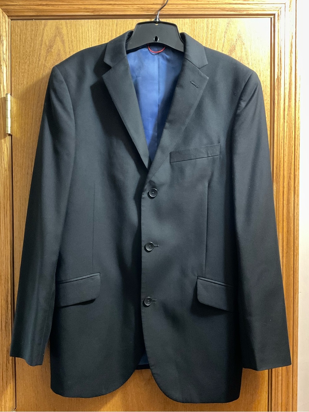 Men's Billy London Classic Black Three-Button 2 Piece Blazer Suit. Lined in Blue